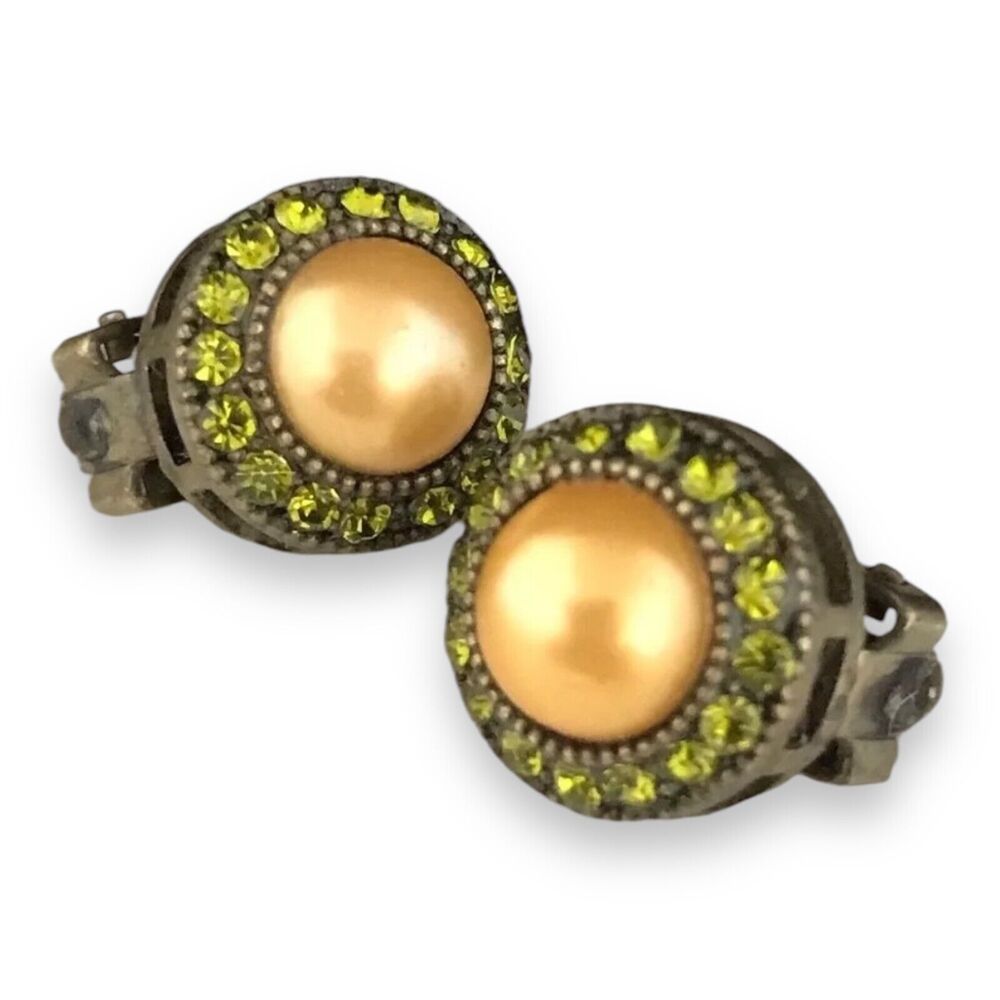 New Kirks Folly Faux Pearl Earrings Antique Brass Tone Green Crystals - 8B